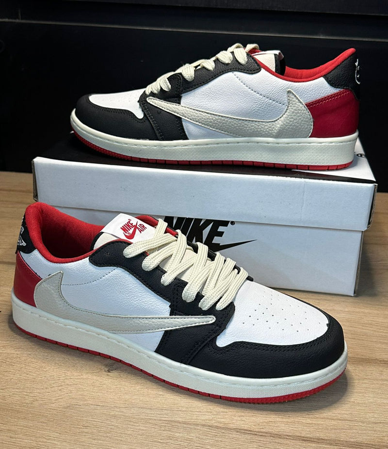 AJ1 Low Travis Scott Branco/preto/vermelho - Lançamento
